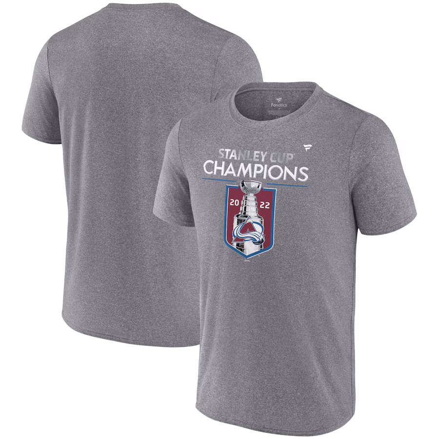 Men's Colorado Avalanche Fanatics Heathered Gray 2022 Stanley Cup Champions Locker Room Performance T-Shirt - ujerseystore