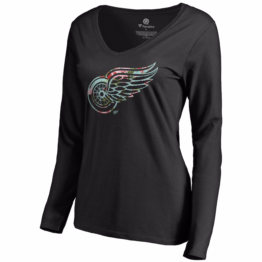 Women's Detroit Red Wings Black Lovely Long Sleeve V-Neck T-Shirt - ujerseystore