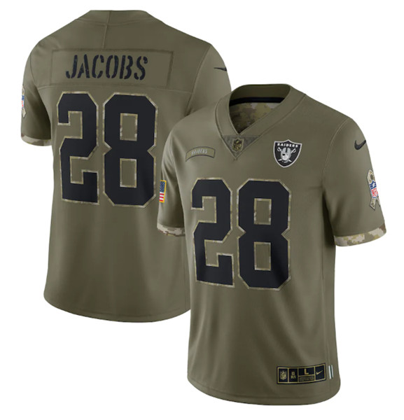 Men's Las Vegas Raiders #28 Josh Jacobs 2022 Olive Salute To Service Limited Stitched Jersey - ujerseystore