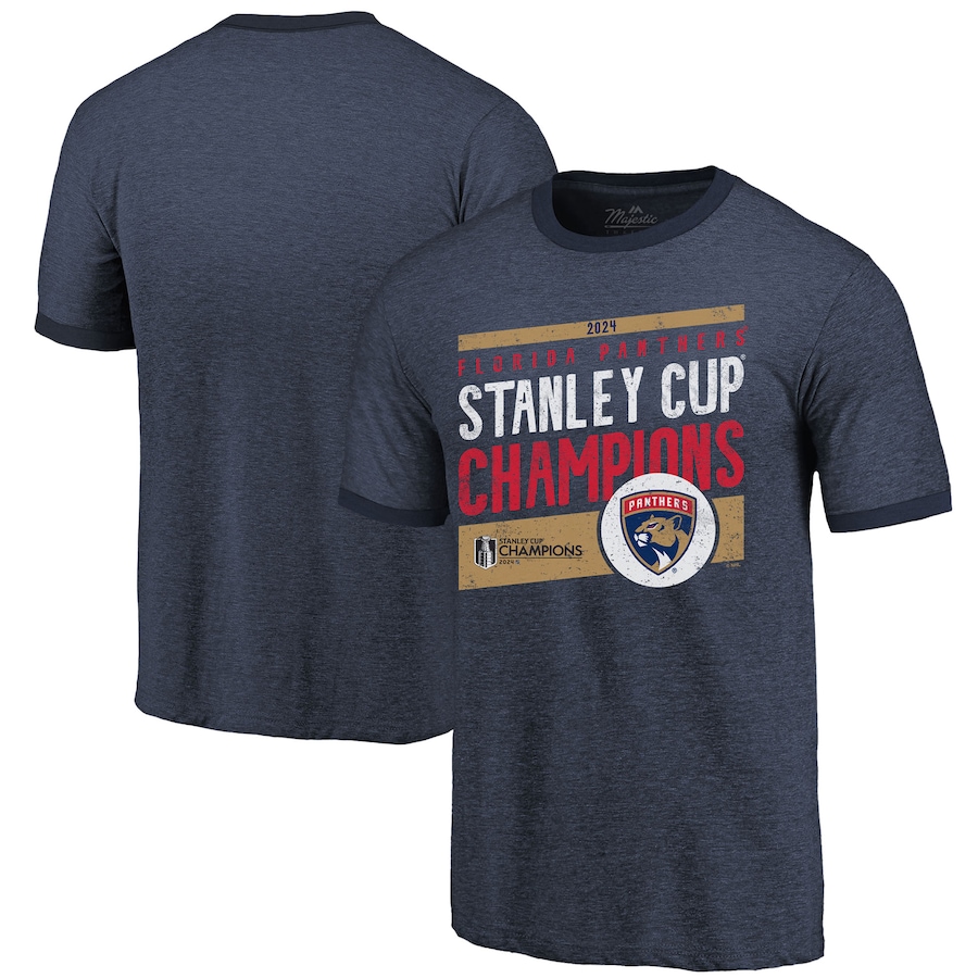 Men's Florida Panthers Majestic Threads Navy 2024 Stanley Cup Champions Tri-Blend Ringer T-Shirt - ujerseystore