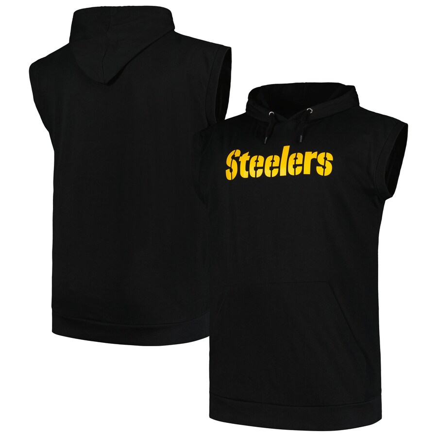 Men's Pittsburgh Steelers Fanatics Black Big & Tall Muscle Hoodie Sleeveless T-Shirt - ujerseystore
