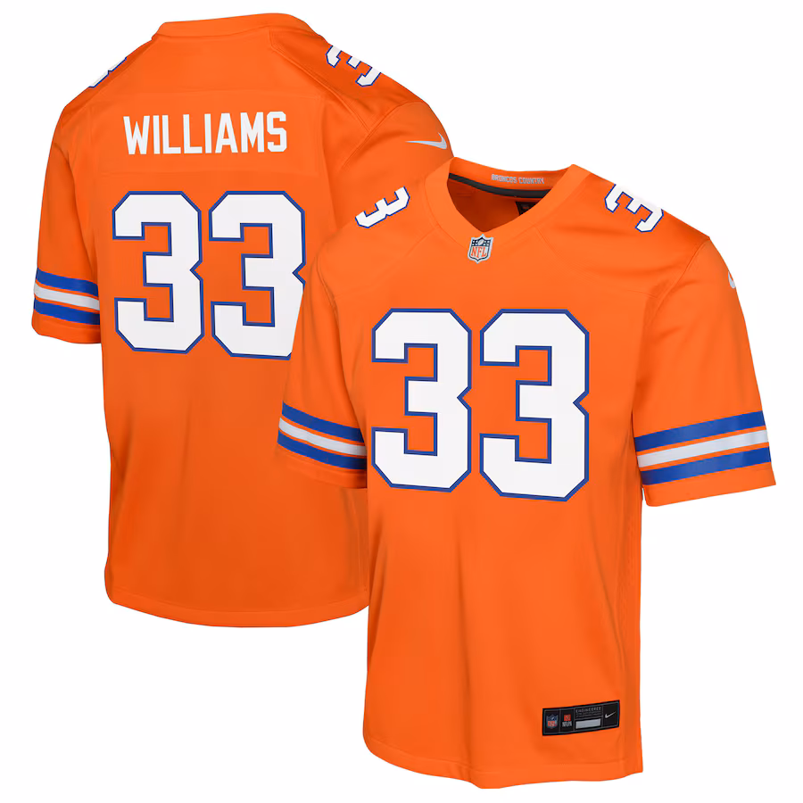 Youth Denver Broncos Javonte Williams Nike Orange Mile High Collection 1977 Throwback Game Jersey - ujerseystore