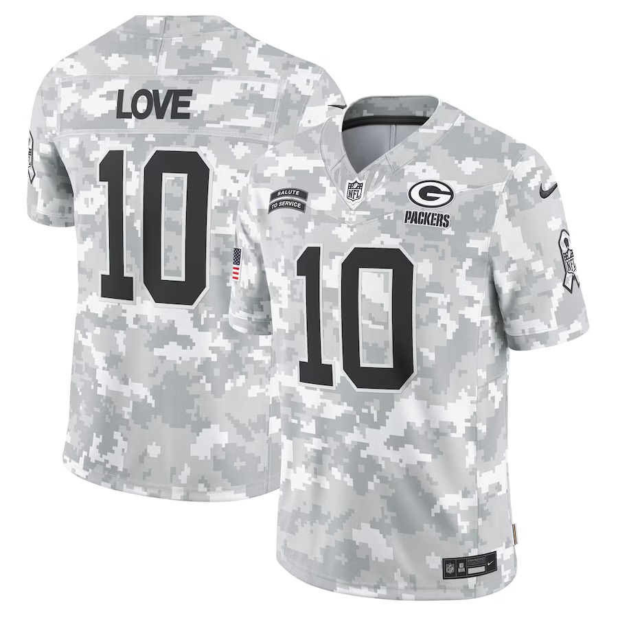 Men's Green Bay Packers Jordan Love Nike Arctic Camo 2024 Salute to Service Limited Jersey - ujerseystore