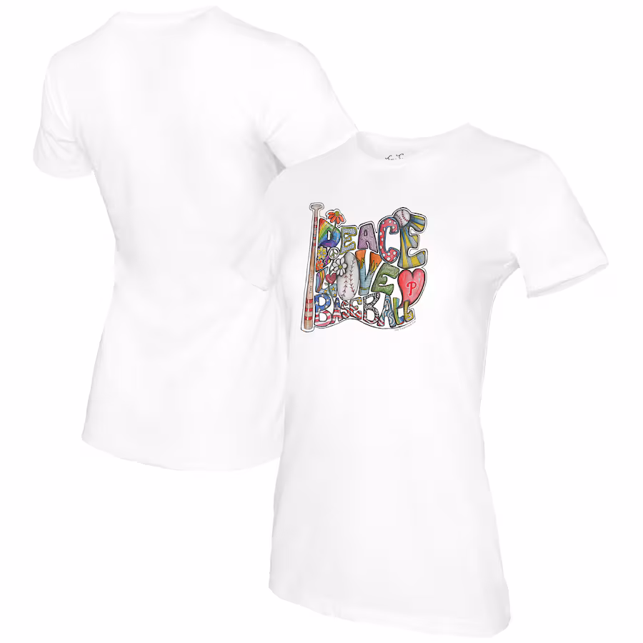 Women's Philadelphia Phillies Tiny Turnip White Peace Love Baseball T-Shirt - ujerseystore
