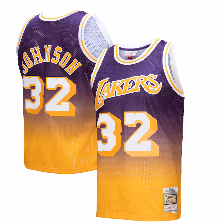 Men's Los Angeles Lakers Magic Johnson Mitchell & Ness Gold/Purple 1984/85 Hardwood Classics Fadeaway Swingman Player Jersey - ujerseystore