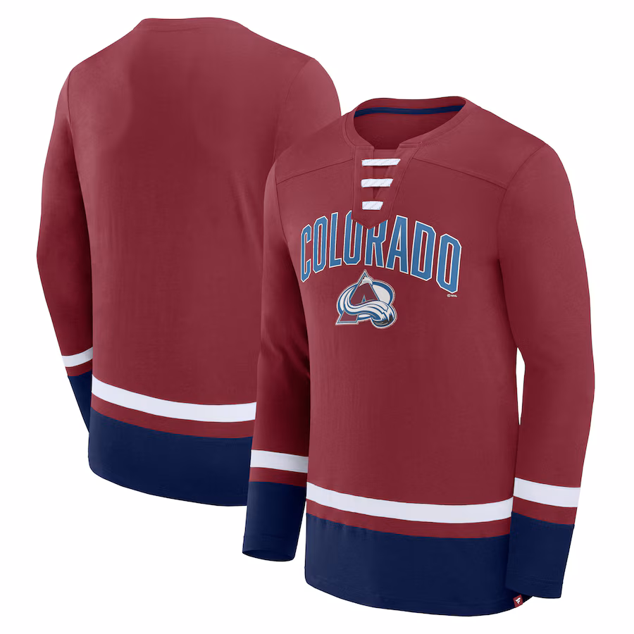 Men's Colorado Avalanche Fanatics Burgundy Back Pass Lace-Up Long Sleeve T-Shirt - ujerseystore