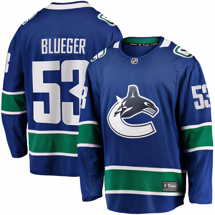 Men's Vancouver Canucks Teddy Blueger Fanatics Blue Home Breakaway Jersey - ujerseystore