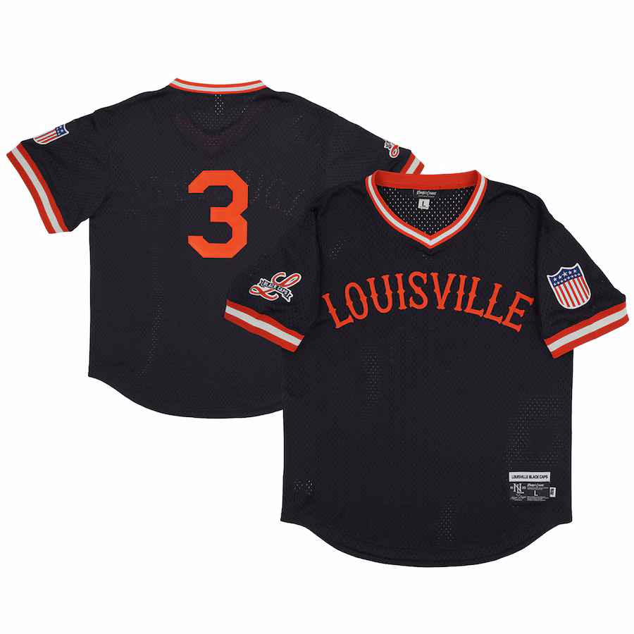 Men's Louisville Black Caps #3 Rings & Crwns Black Mesh Replica V-Neck Jersey - ujerseystore