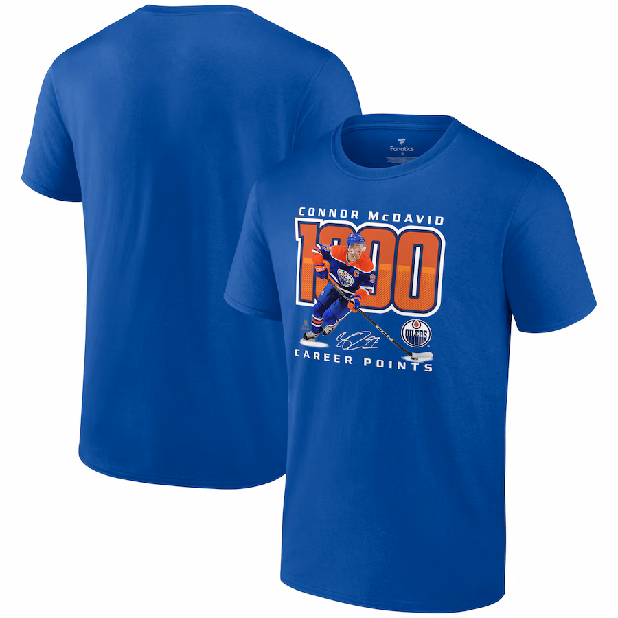 Men's Edmonton Oilers Connor McDavid Royal 1,000 Career Points T-Shirt - ujerseystore
