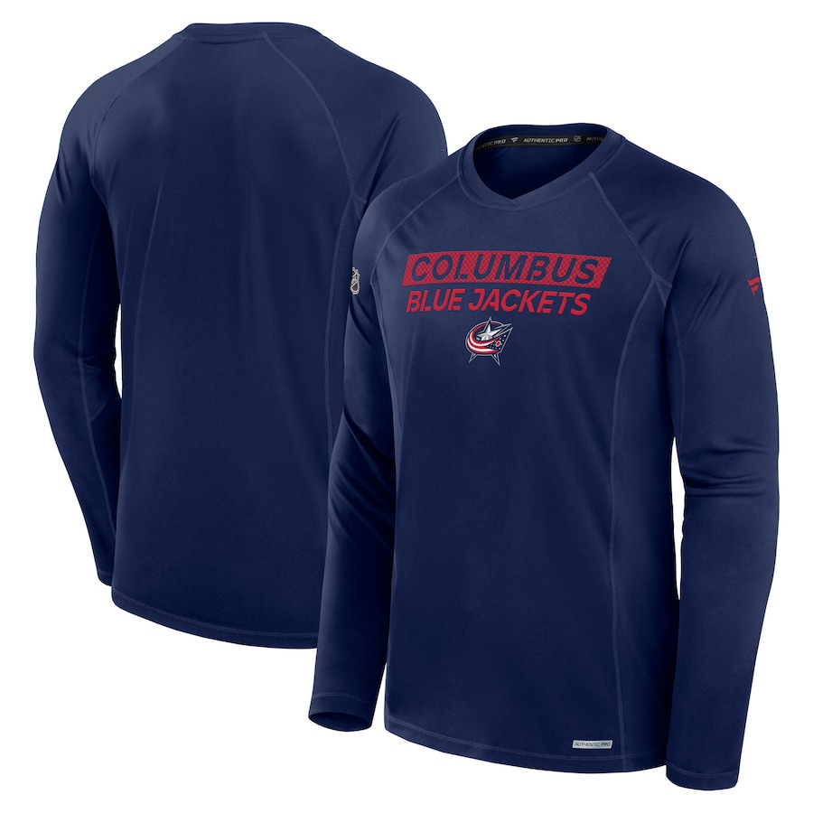 Men's Columbus Blue Jackets Fanatics Navy Authentic Pro Rink Tech Long Sleeve T-Shirt - ujerseystore