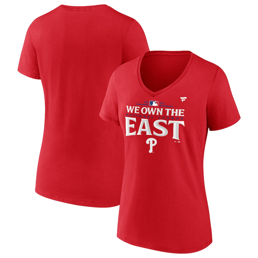Women's Philadelphia Phillies Fanatics Red 2024 NL East Division Champions Locker Room V-Neck T-Shirt - ujerseystore
