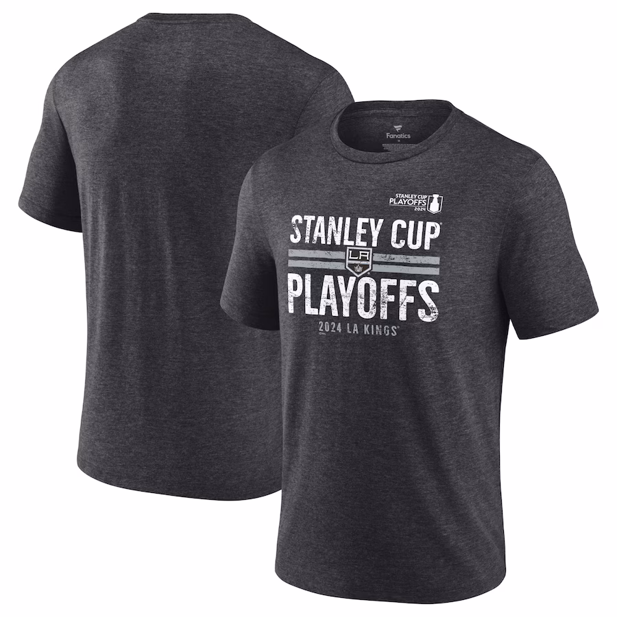 Men's Los Angeles Kings Fanatics Heather Charcoal 2024 Stanley Cup Playoffs Crossbar Tri-Blend T-Shirt - ujerseystore