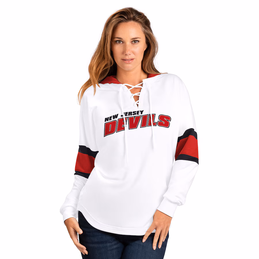 Women's New Jersey Devils G-III 4Her by Carl Banks White/Red Goal Zone Long Sleeve Lace-Up Hoodie T-Shirt - ujerseystore
