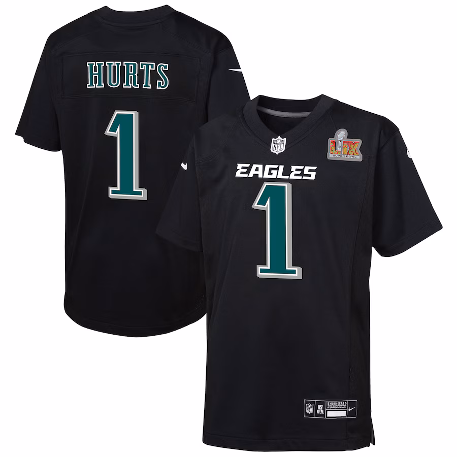 Youth Philadelphia Eagles Jalen Hurts Nike Carbon Black Super Bowl LIX Patch Fashion Game Player Jersey - ujerseystore
