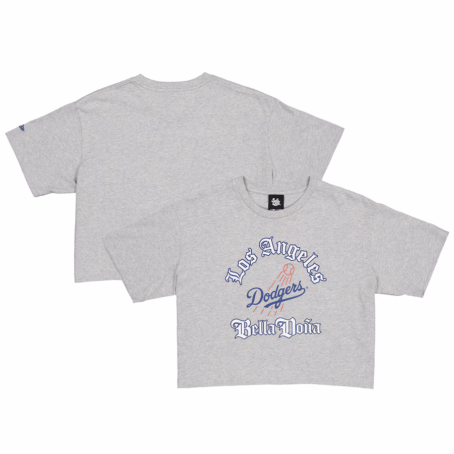 Women's New Era Gray Bella Dona x Los Angeles Dodgers Boxy Crop T-Shirt - ujerseystore