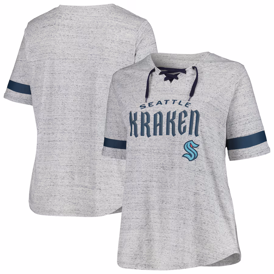 Women's Seattle Kraken Fanatics Heather Gray Plus Size Lace-Up T-Shirt - ujerseystore