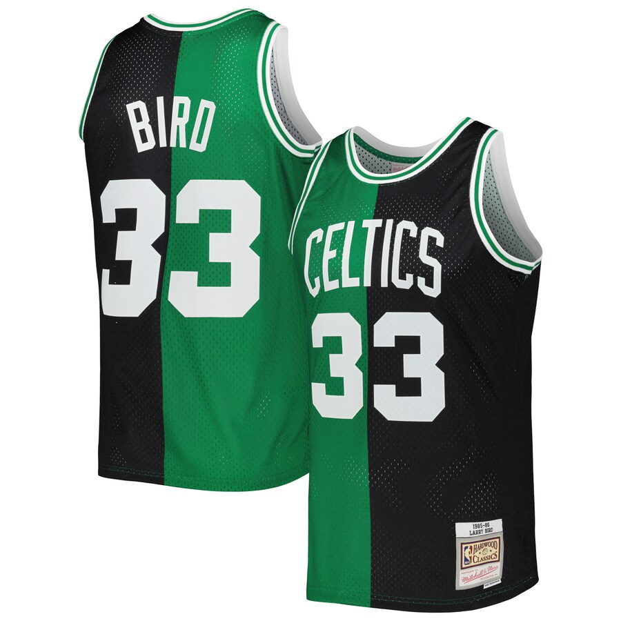 Men's Boston Celtics Larry Bird Mitchell & Ness Black/Kelly Green Hardwood Classics 1985/86 Split Swingman Jersey - ujerseystore