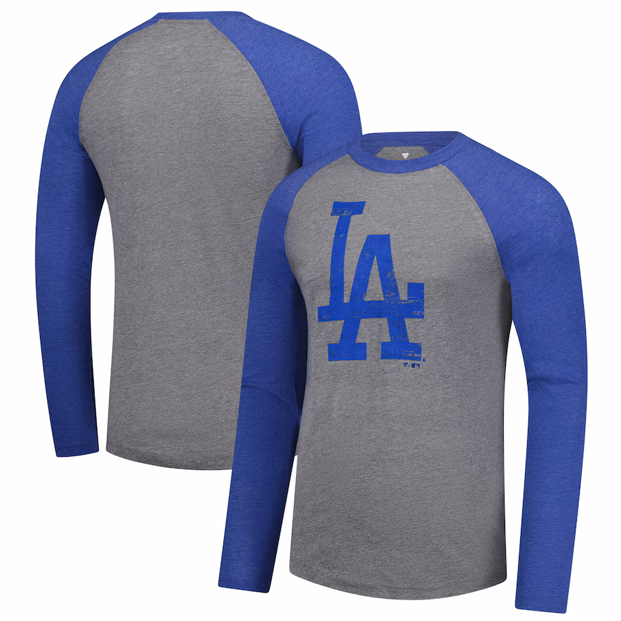Men's Los Angeles Dodgers Fanatics Heather Gray/Heather Royal Weathered Logo Tri-Blend Raglan Long Sleeve T-Shirt - ujerseystore