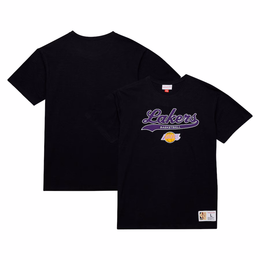 Men's Los Angeles Lakers Mitchell & Ness Black Hardwood Classics Felt Applique Slub T-Shirt - ujerseystore