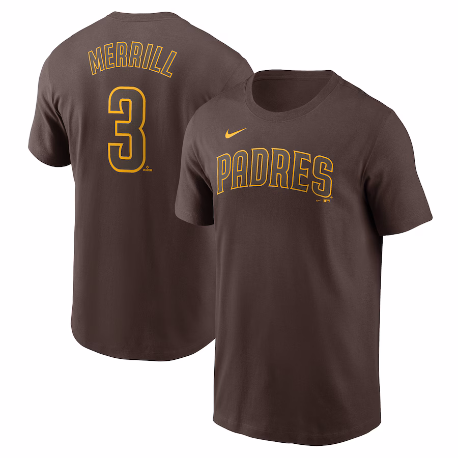 Men's San Diego Padres Jackson Merrill Nike Brown Fuse Name & Number T-Shirt - ujerseystore