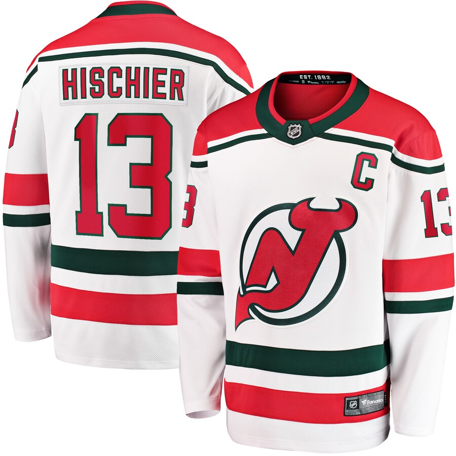 Men's New Jersey Devils Nico Hischier Fanatics Branded White 2022/23 Heritage Premier Breakaway Jersey - ujerseystore