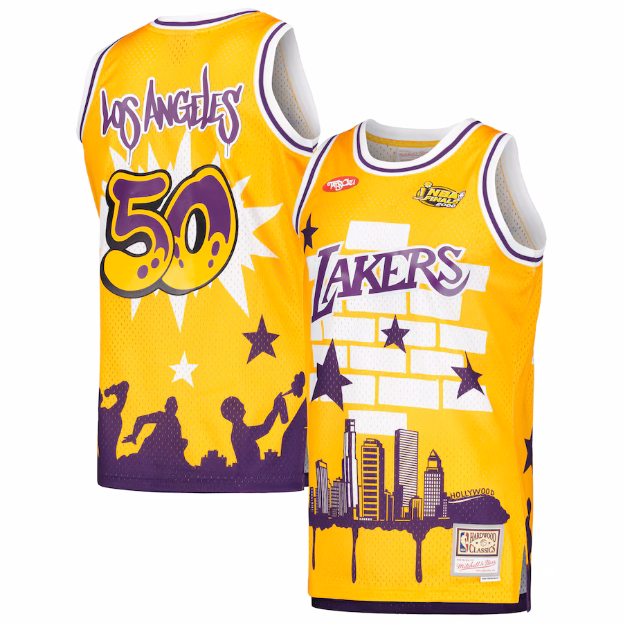 Men's Los Angeles Lakers Mitchell & Ness x Tats Cru Gold Hardwood Classics Fashion Jersey - ujerseystore