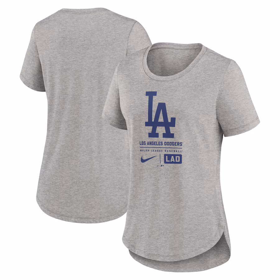 Women's Los Angeles Dodgers Nike Heather Gray Large Logo Stack Tri-Blend T-Shirt - ujerseystore