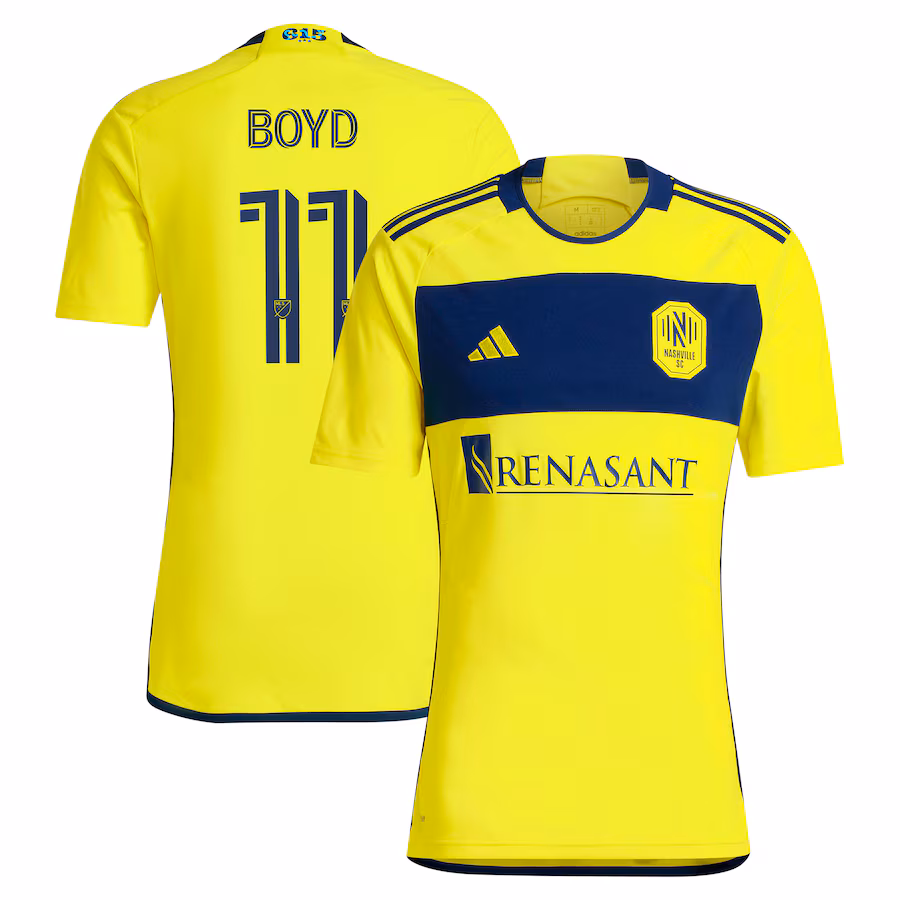 Men's Nashville SC Tyler Boyd adidas Yellow 2024 The 615 Kit Replica Player Jersey - ujerseystore