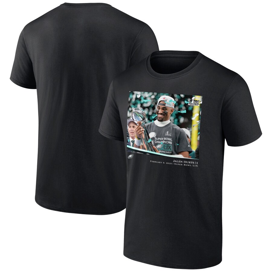 Men's Philadelphia Eagles Jalen Hurts Black NFL Flash Features Super Bowl LIX Champions T-Shirt - ujerseystore
