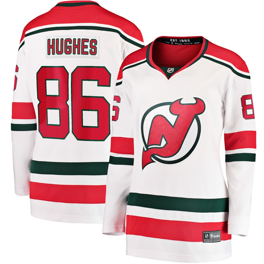 Women's New Jersey Devils Jack Hughes Fanatics Branded White 2022/23 Heritage Premier Breakaway Jersey - ujerseystore