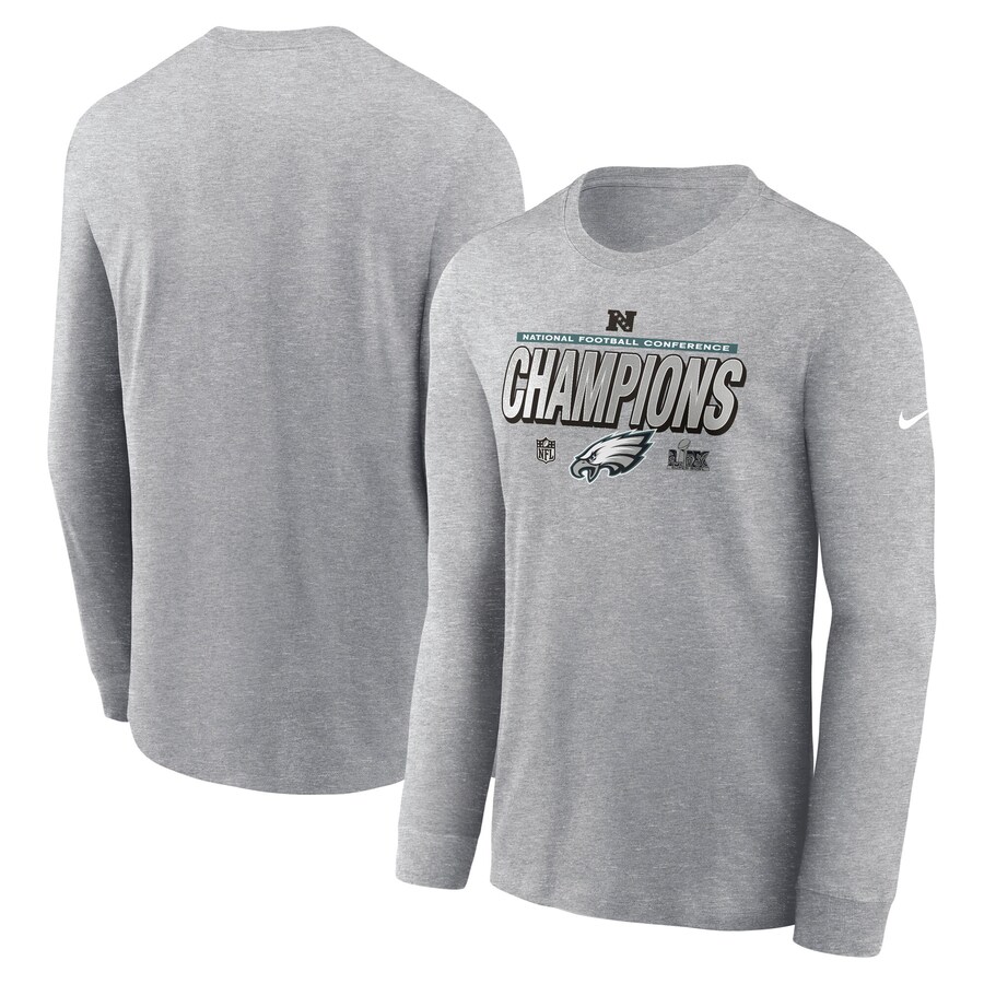 Men's Philadelphia Eagles  Nike Heather Gray 2024 NFC Champions Locker Room Trophy Collection Long Sleeve T-Shirt - ujerseystore
