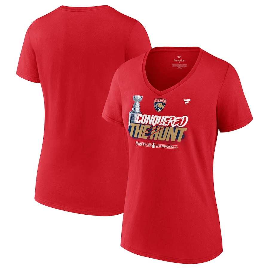 Women's Florida Panthers Fanatics Red 2024 Stanley Cup Champions Celebration V-Neck T-Shirt - ujerseystore