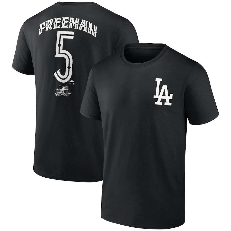 Men's Los Angeles Dodgers Freddie Freeman Black Mister Cartoon Name & Number T-Shirt - ujerseystore