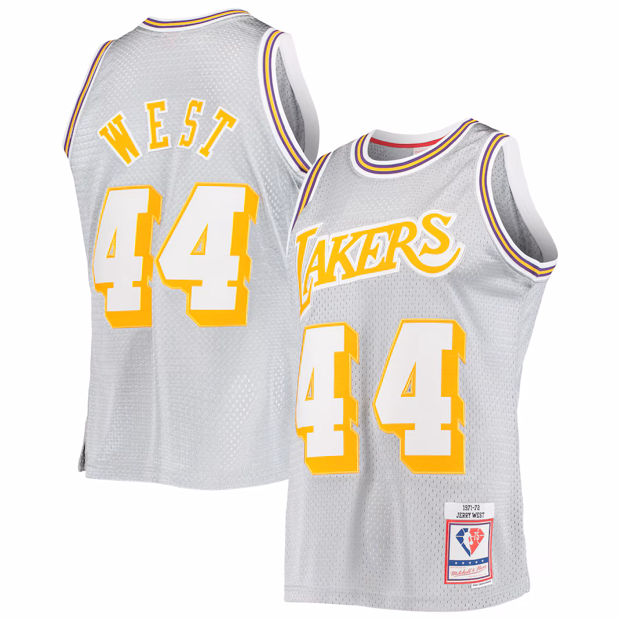 Men's Los Angeles Lakers Jerry West Silver Mitchell & Ness 75th Anniversary 1971/72 Hardwood Classics Swingman Jersey - ujerseystore