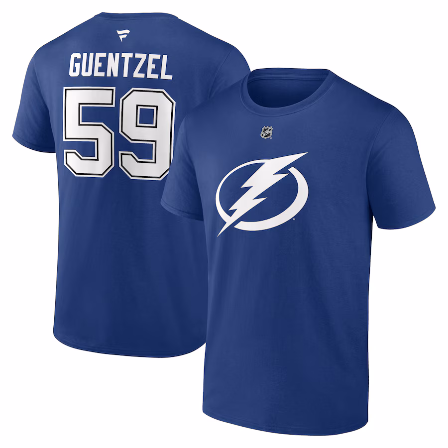 Men's Tampa Bay Lightning Jake Guentzel Fanatics Blue Authentic Stack Name & Number T-Shirt - ujerseystore
