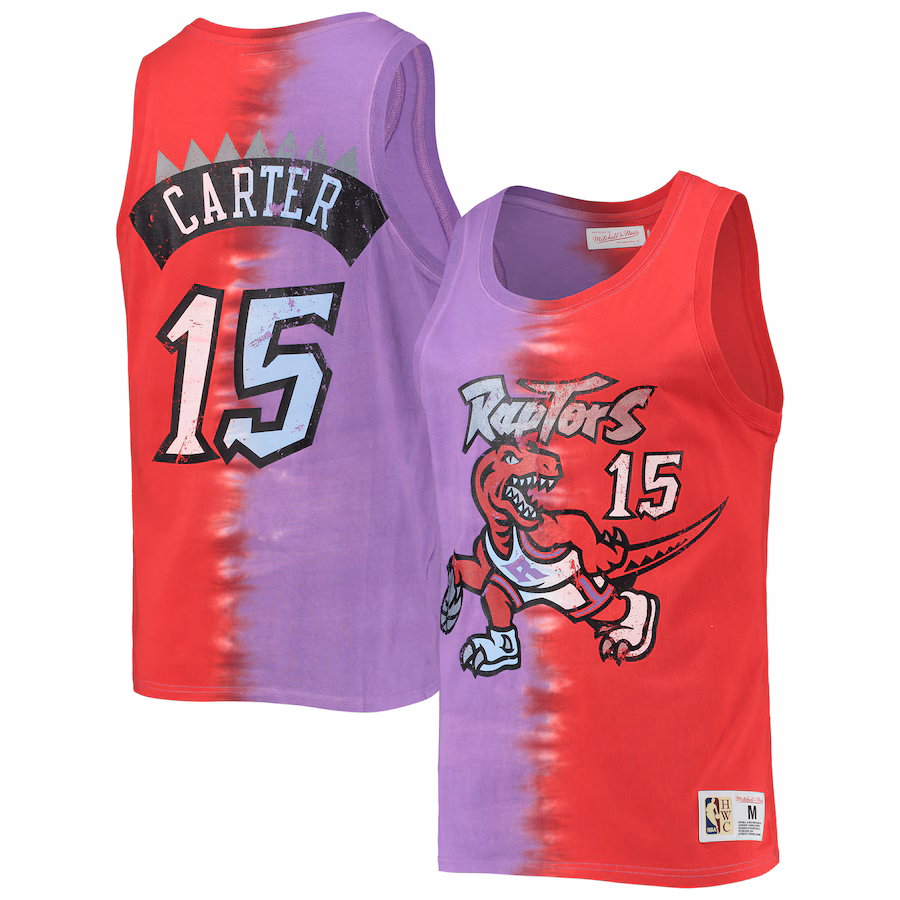 Men's Toronto Raptors Vince Carter Mitchell & Ness Purple/Red Hardwood Classics Tie-Dye Name & Number Tank Top - ujerseystore