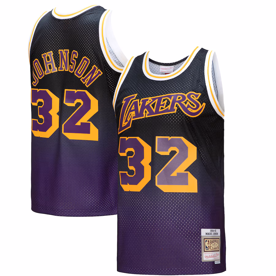 Men's Los Angeles Lakers Magic Johnson Mitchell & Ness Purple/Black 1984/85 Hardwood Classics Fadeaway Swingman Player Jersey - ujerseystore