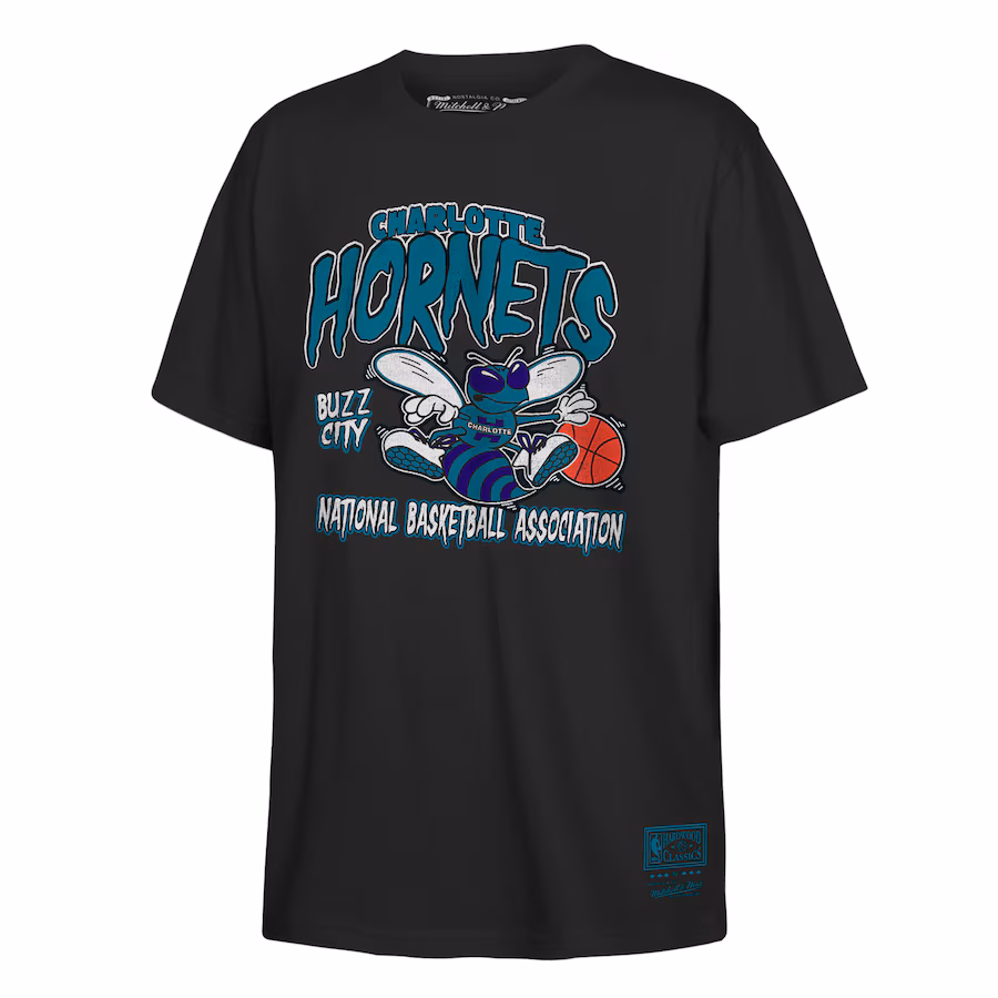 Youth Charlotte Hornets Mitchell & Ness Black Retro Mascot Script T-Shirt - ujerseystore