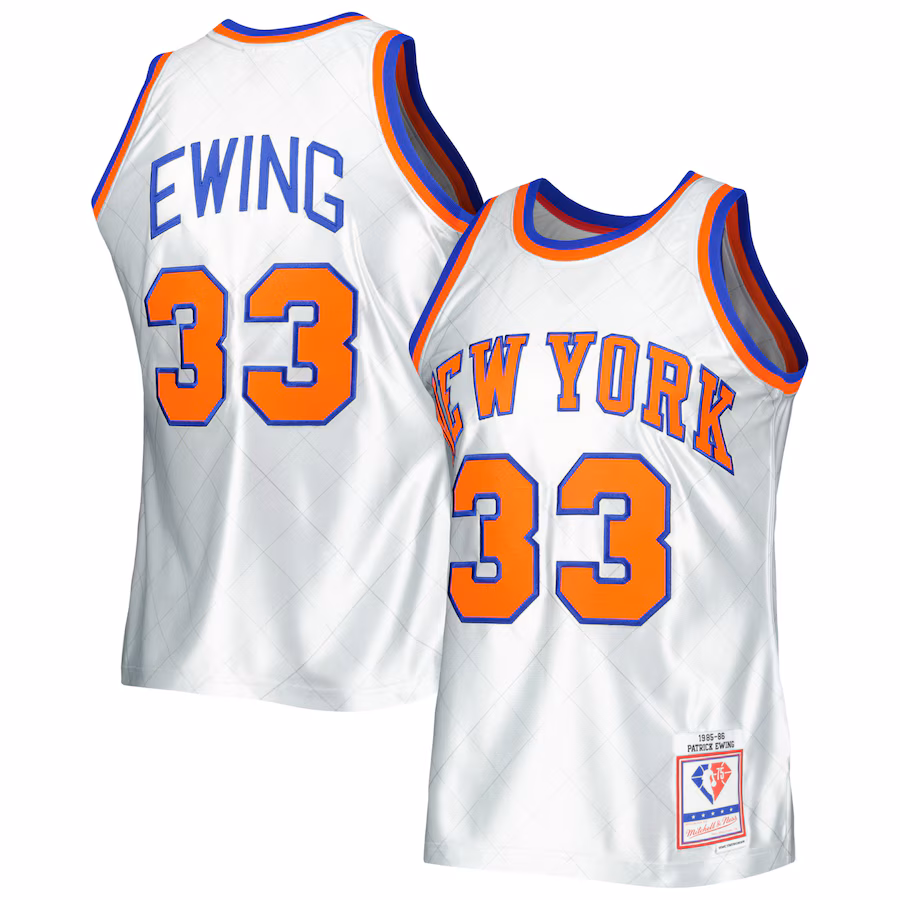 Men's New York Knicks Patrick Ewing Mitchell & Ness Platinum 1985/86 Hardwood Classics 75th Anniversary Swingman Jersey - ujerseystore