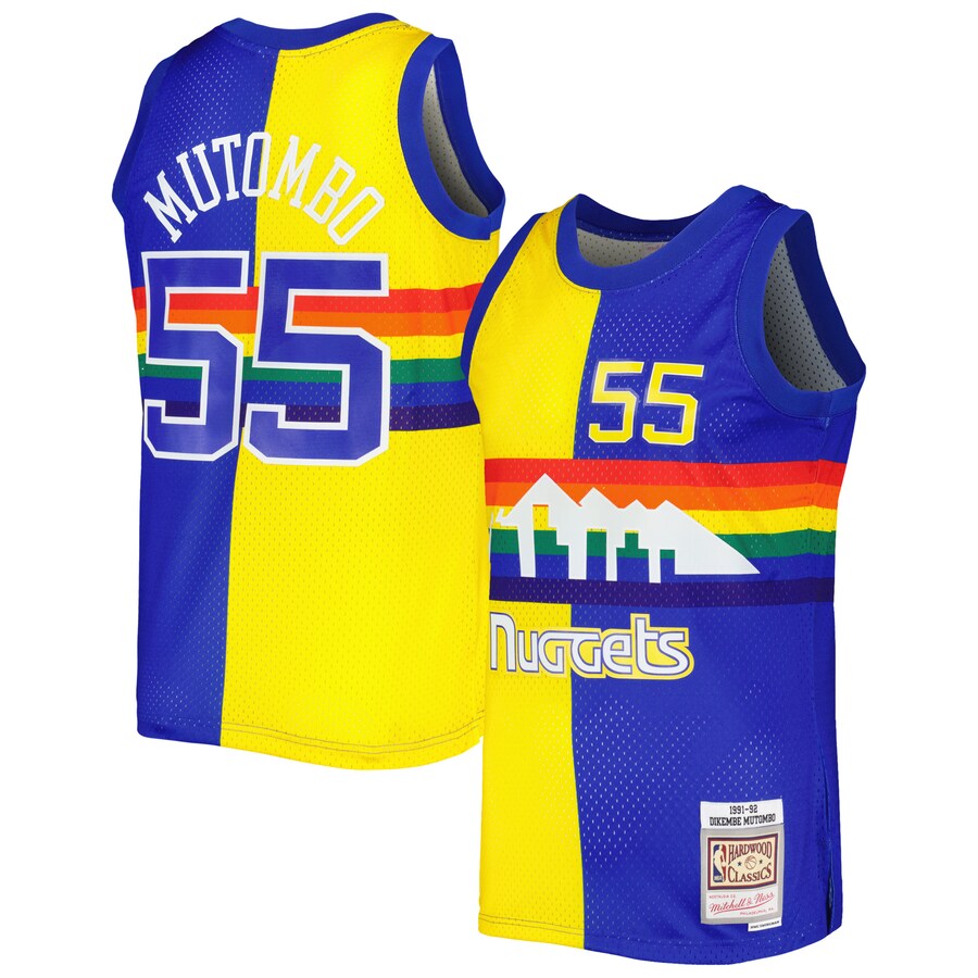 Men's Denver Nuggets Dikembe Mutombo Mitchell & Ness Royal/Gold Hardwood Classics 1991/92 Split Swingman Jersey - ujerseystore
