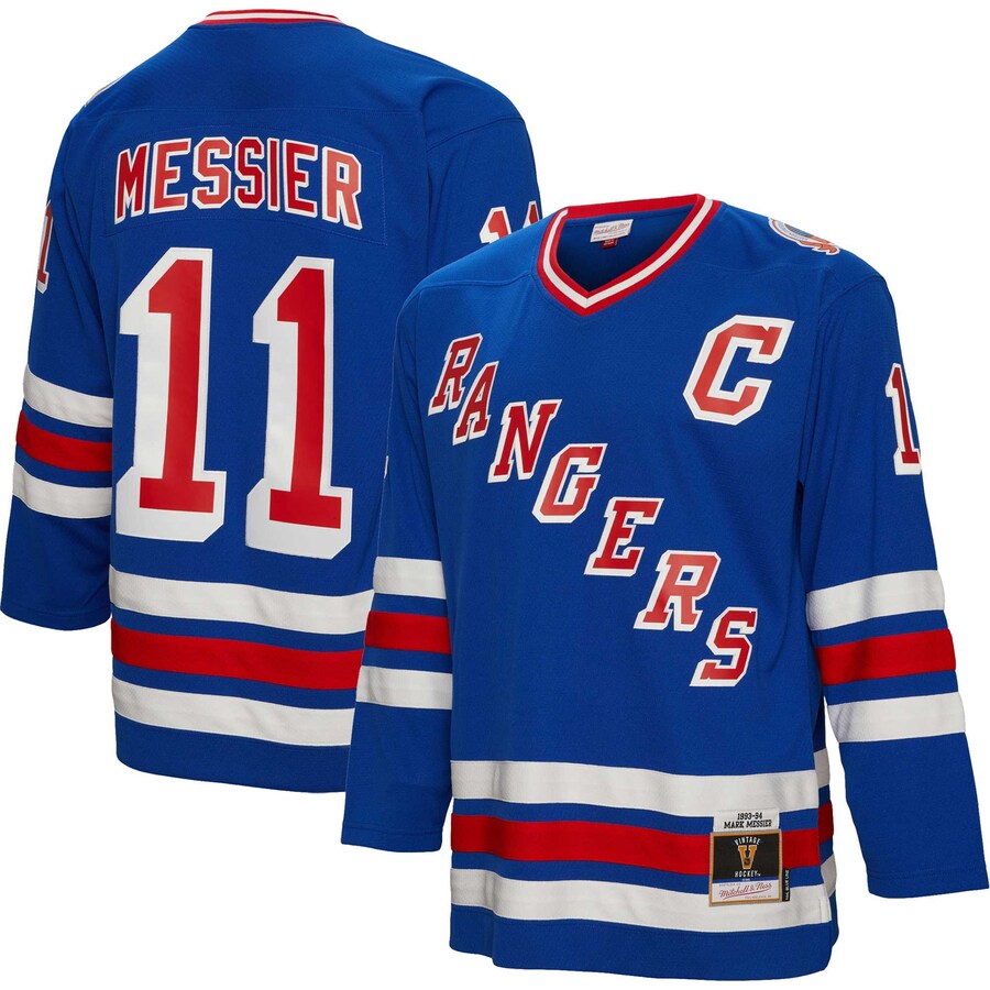 Men's New York Rangers Mark Messier Mitchell & Ness Blue 1993/94 Captain Patch Blue Line Player Jersey - ujerseystore