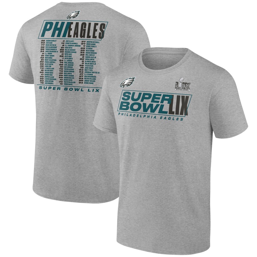 Men's Philadelphia Eagles  Fanatics Heather Gray Super Bowl LIX Roster T-Shirt - ujerseystore