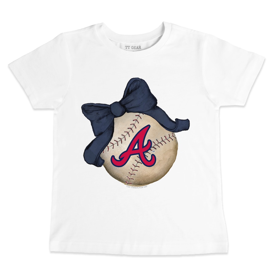 Youth Atlanta Braves Tiny Turnip White Baseball Bow T-Shirt - ujerseystore