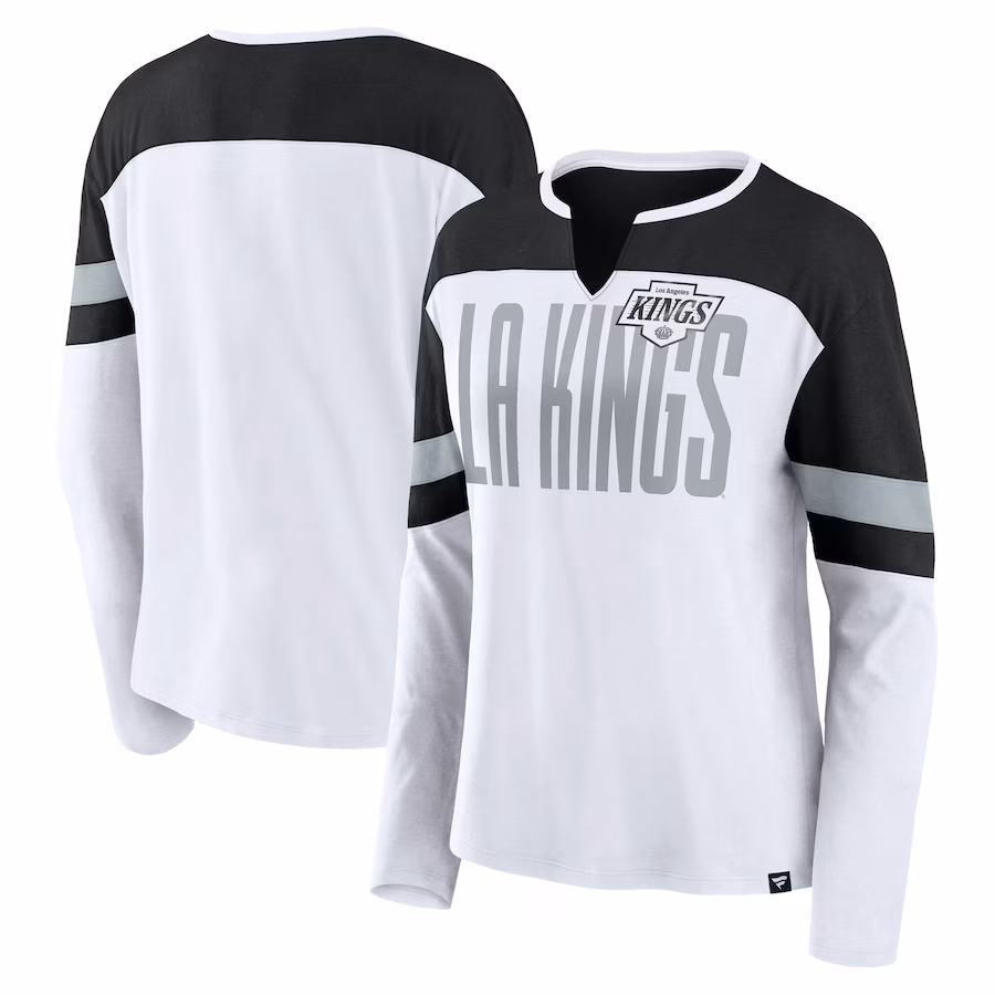 Women's Los Angeles Kings Fanatics White/Black Frozen Long Sleeve Notch Neck T-Shirt - ujerseystore