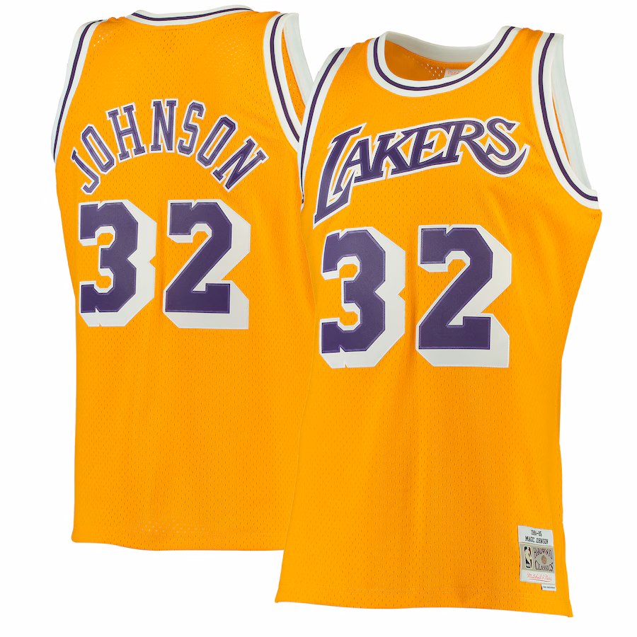 Men's Los Angeles Lakers Magic Johnson Mitchell & Ness Gold 1984/85 Hardwood Classics Swingman Jersey - ujerseystore
