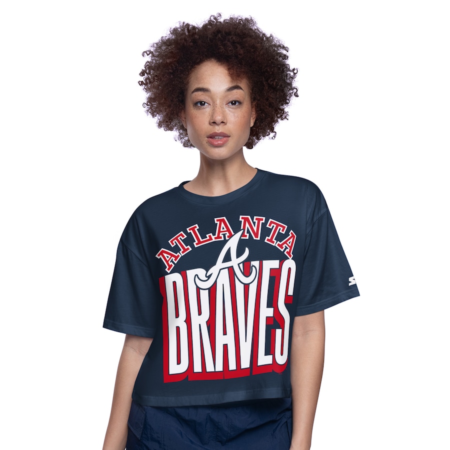 Women's Atlanta Braves Starter Navy Play the Ball Boxy Cropped T-Shirt - ujerseystore