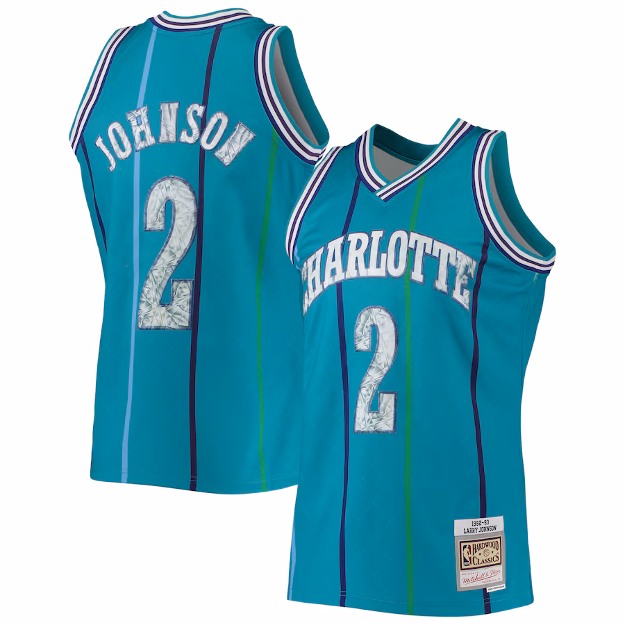 Men's Charlotte Hornets Larry Johnson Mitchell & Ness Teal 1996/97 Hardwood Classics NBA 75th Anniversary Diamond Swingman Jersey - ujerseystore