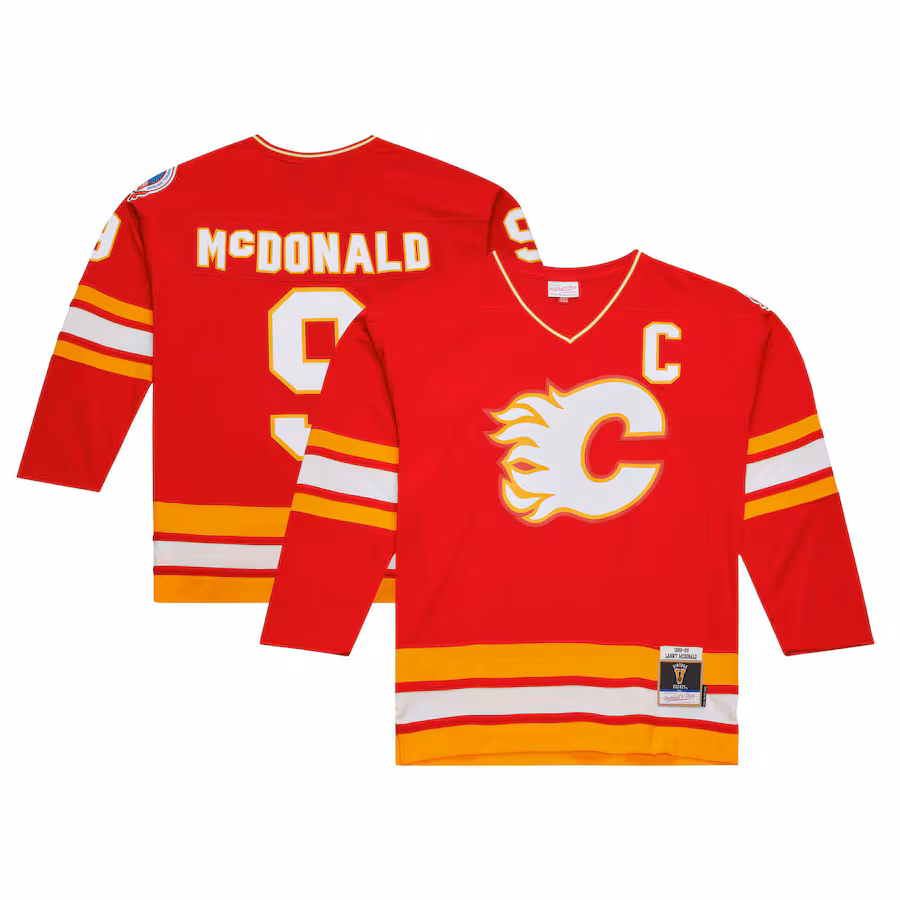 Men's Calgary Flames Lanny McDonald Mitchell & Ness Red Captain Patch 1988/89 Blue Line Player Jersey - ujerseystore