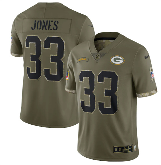 Men's Green Bay Packers #33 Aaron Jones 2022 Olive Salute To Service Limited Stitched Jersey - ujerseystore
