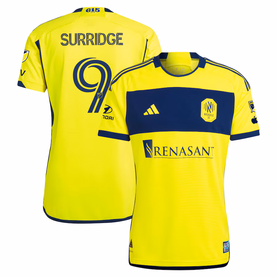 Men's Nashville SC Sam Surridge adidas Yellow 2024 The 615 Kit Authentic Player Jersey - ujerseystore